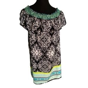 BEBOP Off-Shoulder Black Green Geometric Pattern Summer Dress Ruffle XL